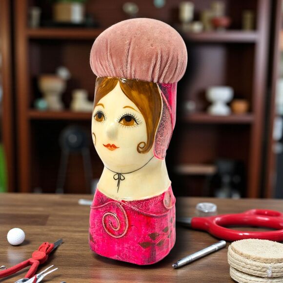Vintage Papier-Mâché Lady Head Pin Cushion, Gemma Taccogna Style, 8" Pink MCM - Picture 1 of 12